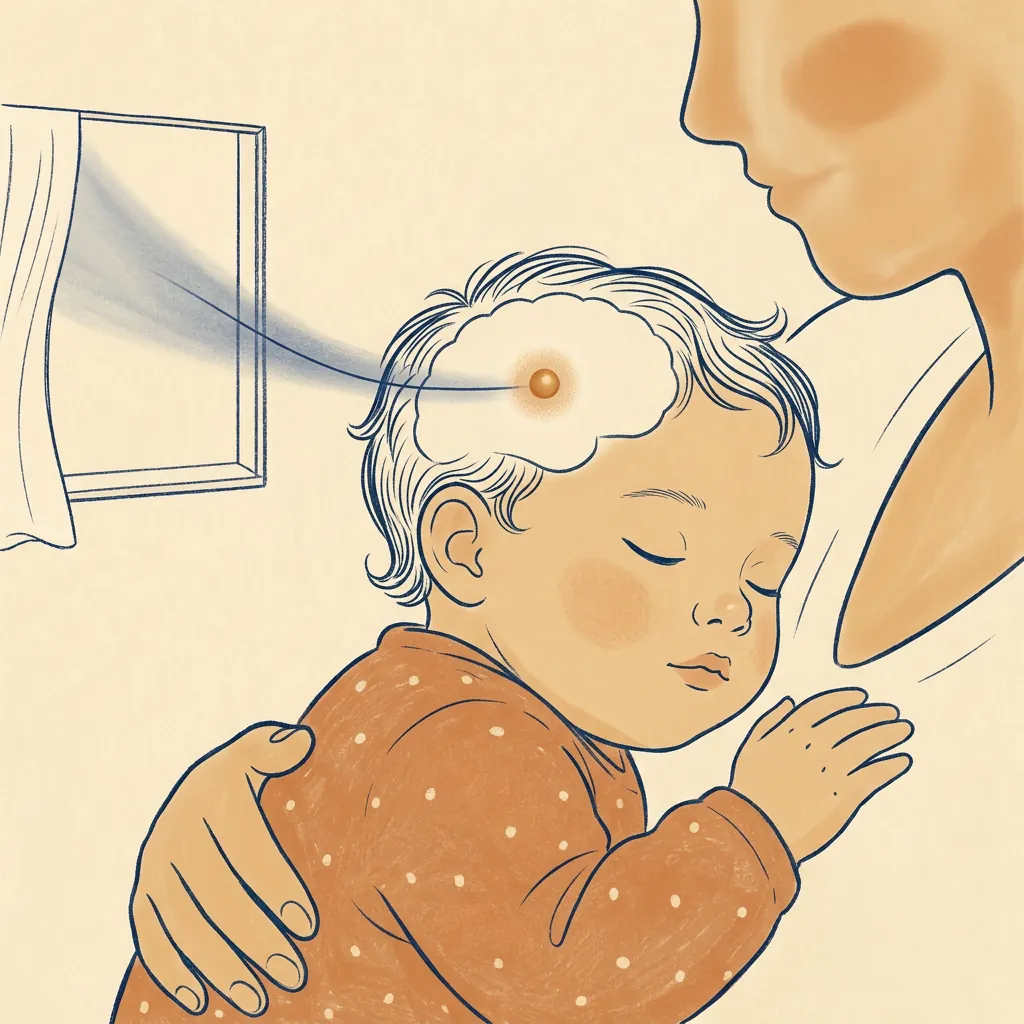 Ilustração acolhedora de um bebê dormindo com um pequeno ponto luminoso na cabeça representando seu relógio interno
