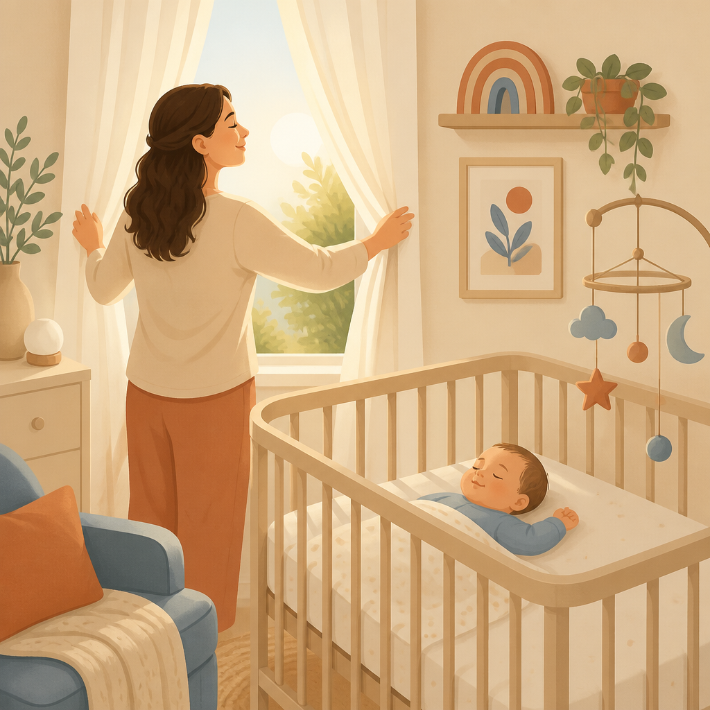 Mãe abrindo a cortina para a luz da manhã entrar no quarto do bebê
