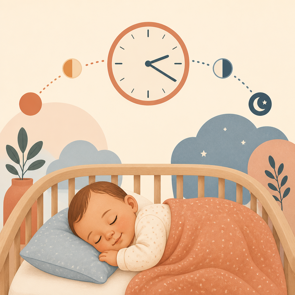 Bebê dormindo tranquilamente com um relógio ao fundo