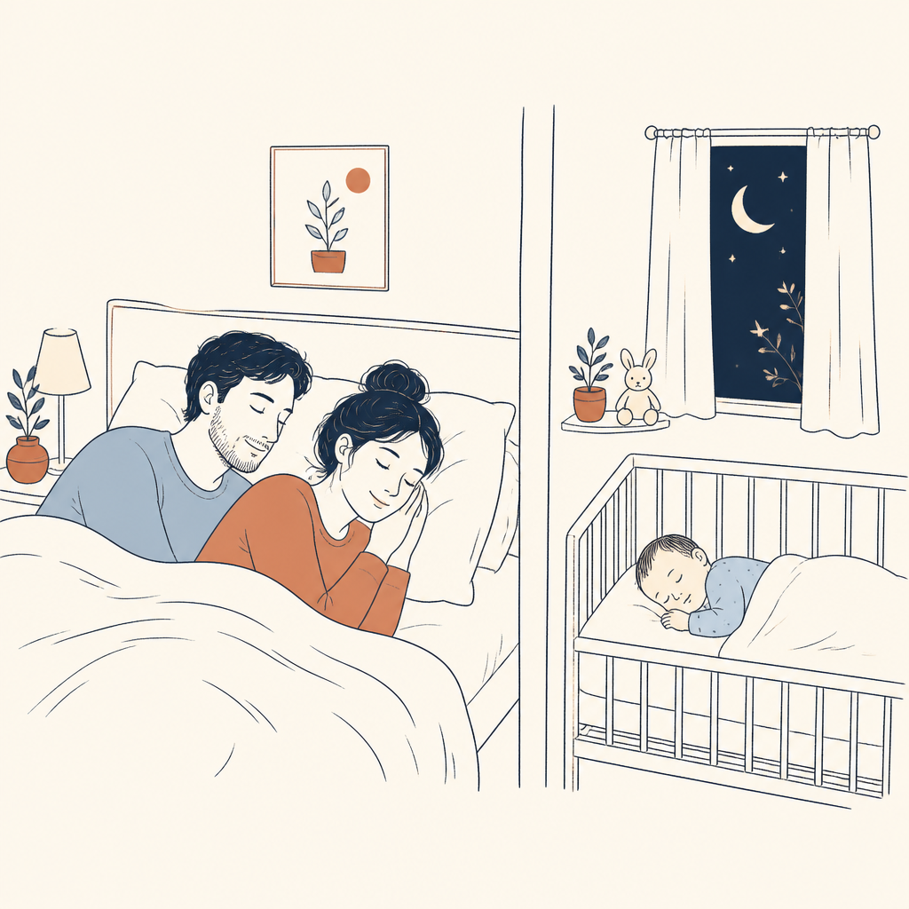 Mãe dormindo tranquila ao lado do companheiro enquanto o bebê dorme no berço no outro quarto