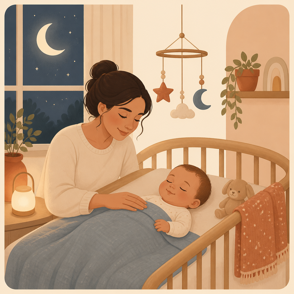 Mãe colocando o bebê para dormir em um quarto iluminado pela lua
