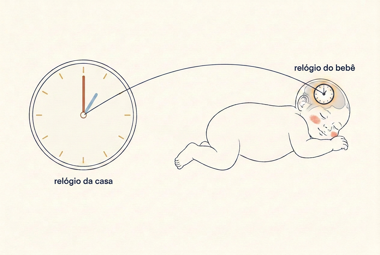 Ilustração editorial de um relógio da casa conectado ao relógio interno de um bebê dormindo