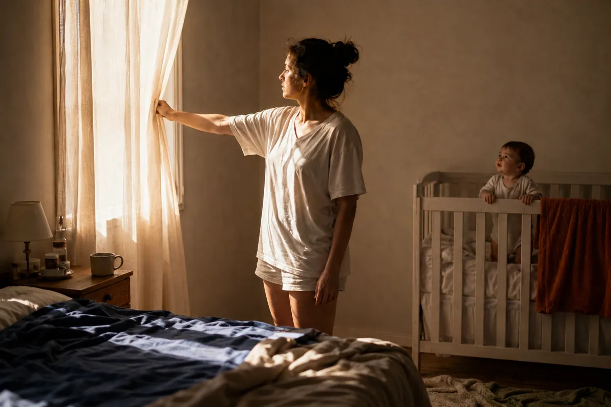 Mãe abrindo a cortina e deixando a luz da manhã entrar no quarto do bebê