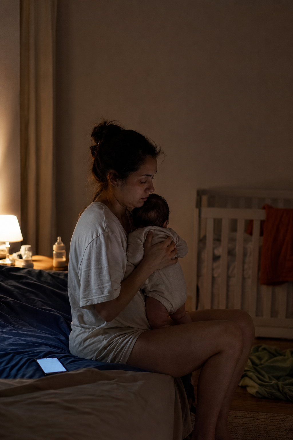 Mãe exausta de madrugada segurando o bebê