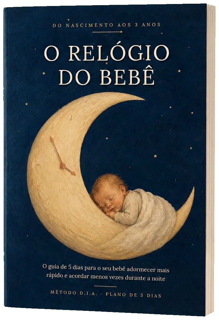 Capa do guia O Relógio do Bebê com um bebê dormindo na lua