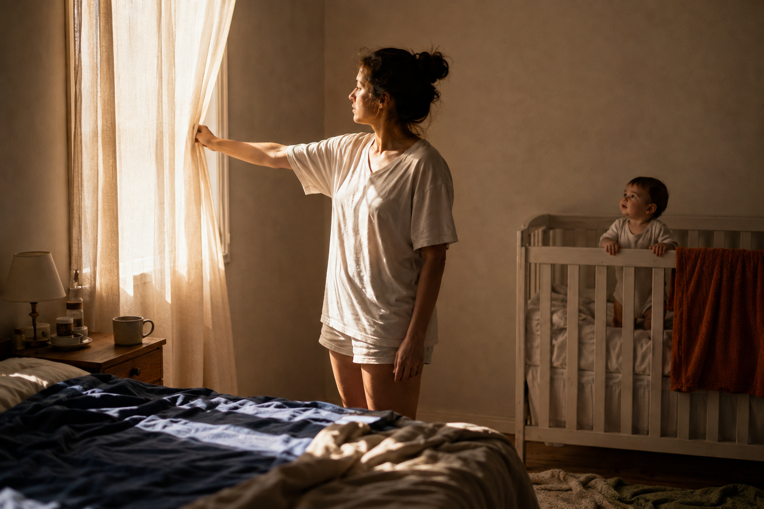 Mãe abrindo a cortina e deixando a luz da manhã entrar no quarto do bebê