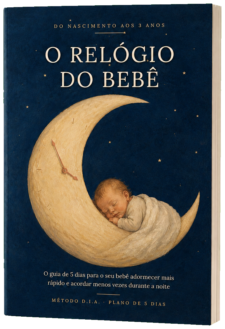 Capa do guia O Relógio do Bebê com um bebê dormindo na lua