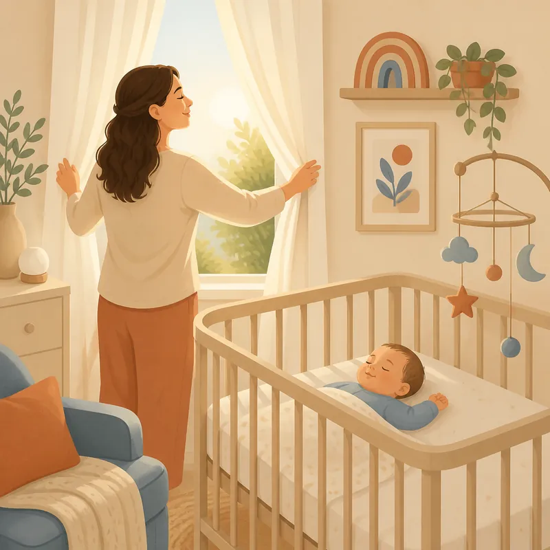 Mãe abrindo a cortina para a luz da manhã entrar no quarto do bebê