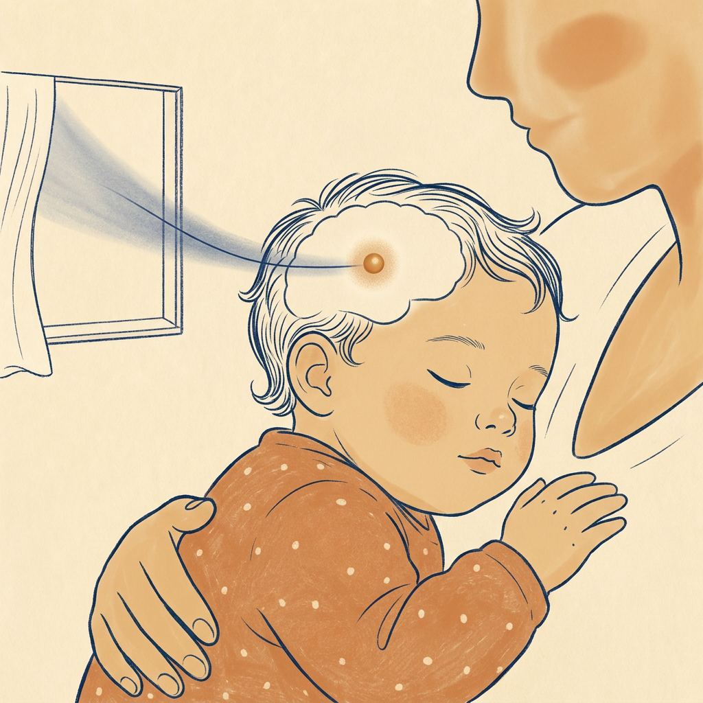 Ilustração acolhedora de um bebê dormindo com um pequeno ponto luminoso na cabeça representando seu relógio interno