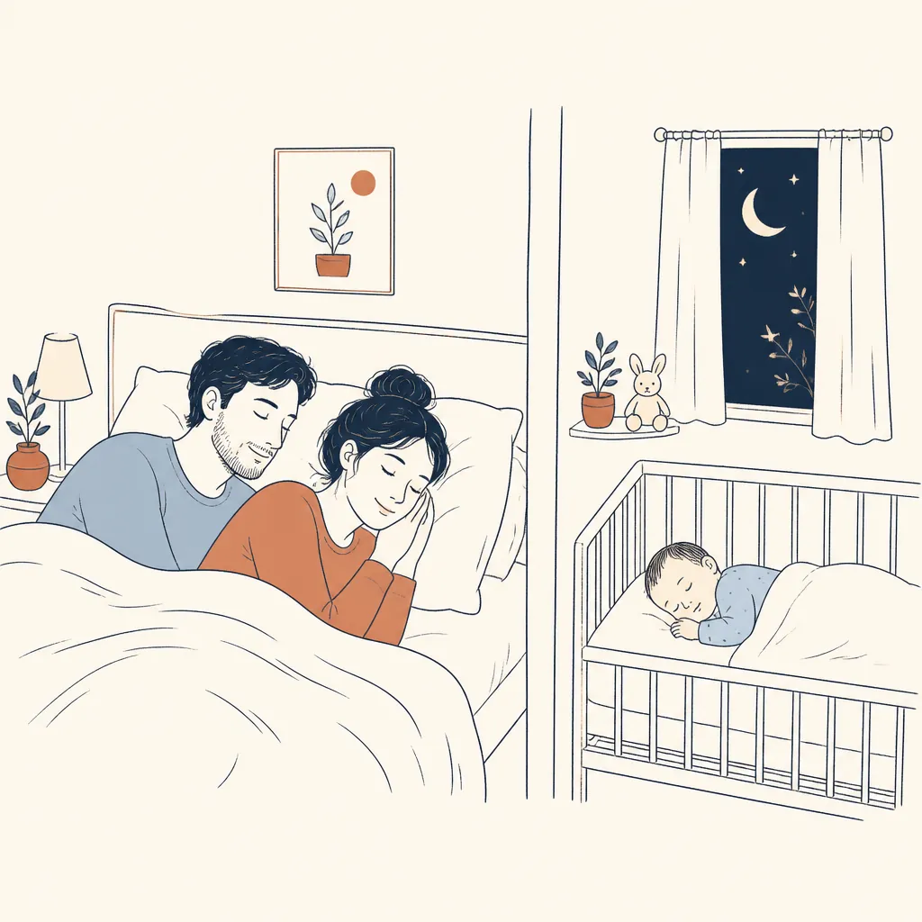 Mãe dormindo tranquila ao lado do companheiro enquanto o bebê dorme no berço no outro quarto
